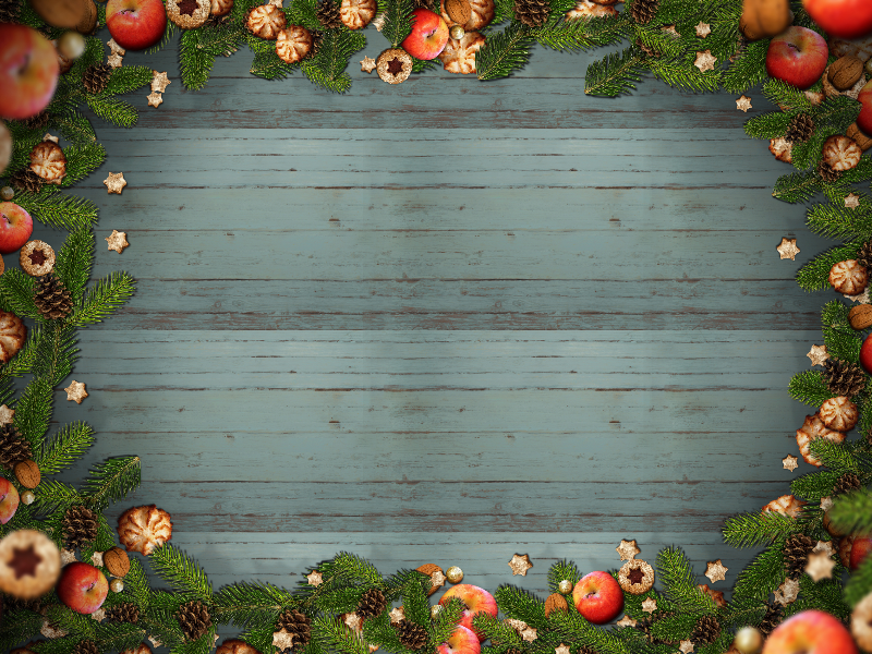 Free Christmas Frame With Fir Cones Apple Cookies on Wood Background  (Nature-Grass-And-Foliage) | Textures for Photoshop